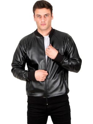 Rizzup Siyah Dikiş Detaylı Kolej Yaka Slim Fit Likralı Erkek Suni Deri Ceket Mont 23020587