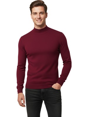 Rizzup Bordo Slim Fit Yarım Balıkçı Yaka Likralı Ince Triko Erkek Yarım Boğazlı Kazak 2505502