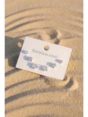 Lykos Çelik Gümüş Renk Zirkon Taşlı Yıldız Model Kadın Küpe Seti