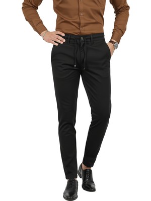 Rizzup Erkek Siyah Likralı Beli Lastikli & Ipli Dar Kesim Şık Kumaş Pantolon 2600572