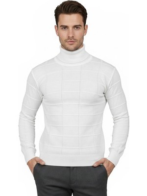 Rizzup Erkek Beyaz Kare Desenli Balıkçı Yaka Slim Fit Boğazlı Triko Kazak 2505493