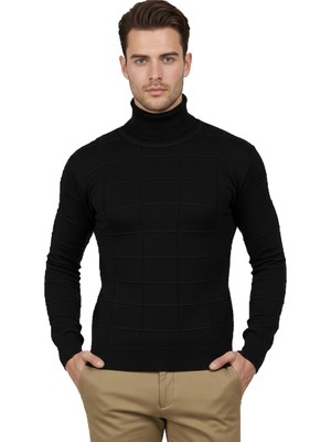 Rizzup Erkek Siyah Kare Desenli Balıkçı Yaka Slim Fit Boğazlı Triko Kazak 2505493