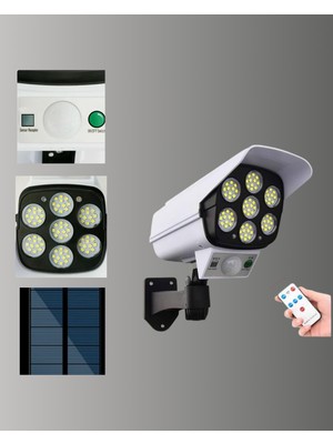 Renklime Güneş Enerjili LED Lamba + Güvenlik Kamerası Görünümlü– 5-8 M Hareket Algılamalı, Beyaz Işık