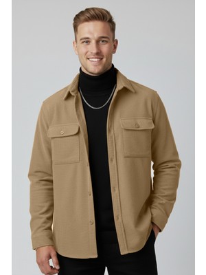 Rizzup Camel Cepli Likralı Kadife Kumaş Rahat Kesim Erkek Gömlek – Yumuşak Dokulu, Şık Tasarım Gömlek 2600759