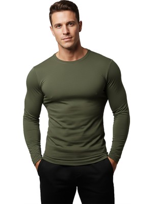 Rizzup Haki Dar Kalıp Likralı %90 Pamuk Erkek Sweatshirt – Vücuda Oturan Ince Penye Sweat 2300423