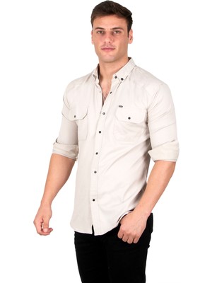 Rizzup Erkek Bej Slim Fit Dar Kesim Pamuklu Spor Gömlek Çıtçıtlı Likralı Gabardin Gömlek 2300421