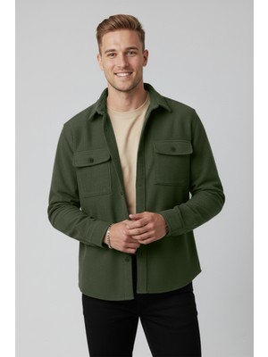 Rizzup Yeşil Cepli Likralı Kadife Kumaş Rahat Kesim Erkek Gömlek – Yumuşak Dokulu, Şık Tasarım Gömlek 2600759