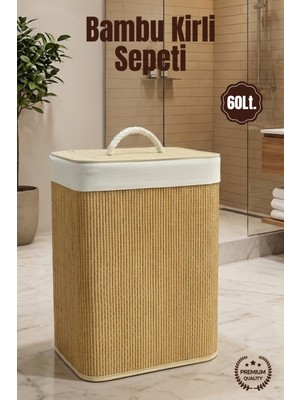 Nandy Home 60LT. Dikdörtgen Bambu Çamaşır Sepeti - Doğal Görünüm Kirli Sepeti