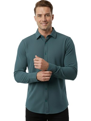 RizzUP Yeşil Slim Fit Örme Kumaş Likralı Erkek Gömlek – Nefes Alan Esnek ve Modern Tasarım 2602604