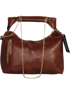 Renklime Zincir Askılı  Deri Çanta-Kahverengi