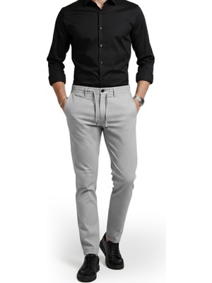 Rizzup Erkek Gri Likralı Gofre Kumaş Beli Lastikli Ipli Slim Fit Günlük Pantolon 2600650