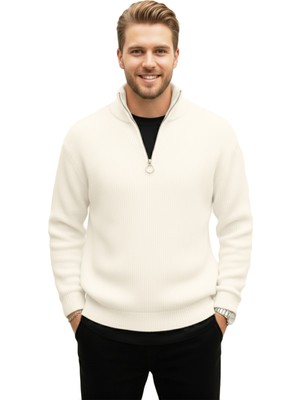 Rizzup Erkek Ekru Yarım Fermuarlı Oversize Kesim Triko Kazak – Yumuşak Dokulu Örgü Kazak 2608511