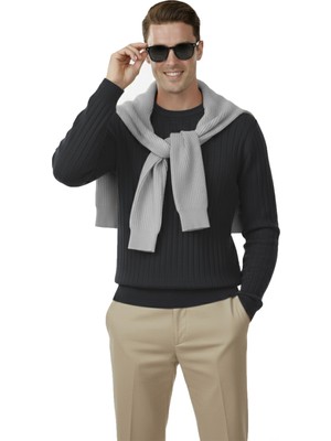 Rizzup Erkek Füme Rahat Kalıp Çizgi Dokulu Triko Kazak – Şık & Modern Tasarım 2605432