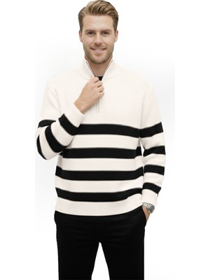 Rizzup Erkek Ekru Yarım Fermuarlı Oversize Kesim Triko Kazak Pamuklu Yumuşak Örgü Çizgili Kazak 2608513