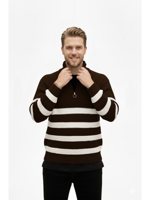 Rizzup Erkek Kahve Yarım Fermuarlı Oversize Kesim Triko Kazak Pamuklu Yumuşak Örgü Çizgili Kazak 2608513