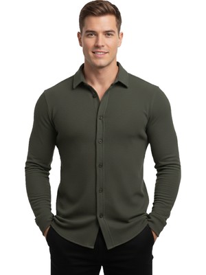 RizzUP Haki Slim Fit Örme Kumaş Likralı Erkek Gömlek – Nefes Alan Esnek ve Modern Tasarım 2602604