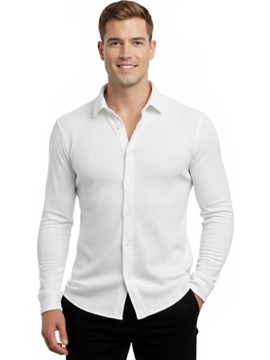 RizzUP Beyaz Slim Fit Örme Kumaş Likralı Erkek Gömlek – Nefes Alan Esnek ve Modern Tasarım 2602604