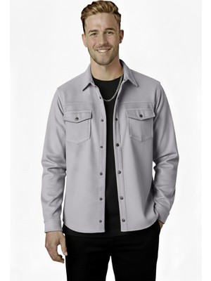 Rizzup Gri Rahat Kesim Süet Dokulu Çıtçıtlı Erkek Gömlek – Büyük Beden Gömlek 2302329