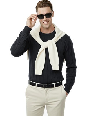 Rizzup Füme Dar Kesim Likralı Erkek Triko Kazak – Bisiklet Yaka Şık Tasarım 2605433