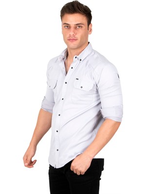 Rizzup Erkek Gri Slim Fit Dar Kesim Pamuklu Spor Gömlek Çıtçıtlı Likralı Gabardin Gömlek 2300421