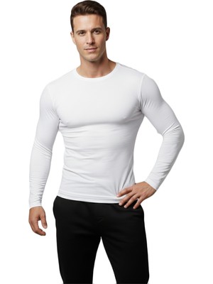 Rizzup Beyaz Dar Kalıp Likralı %90 Pamuk Erkek Sweatshirt – Vücuda Oturan Ince Penye Sweat 2300423