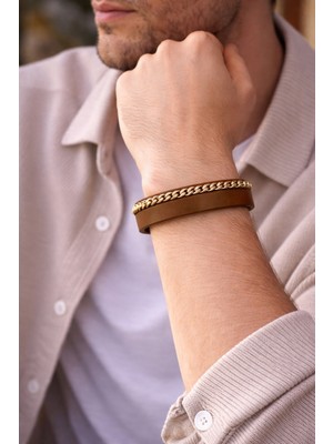 Herşey Nota Imperial Gold Taba Hakiki Deri Erkek Bileklik – Gold Örgü DETAYLI-1369