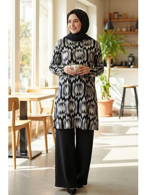 Tesettür Diyarı Kadın Ikat Desenli Uzun Kollu Tunik -Siyah