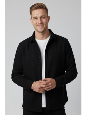 Rizzup Erkek Siyah Kadife Fitilli Rahat Kesim Gömlek Yumuşak Dokulu Likralı Kadife Gömlek 2600758