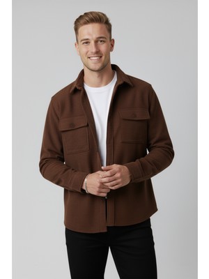 Rizzup Kiremit Cepli Likralı Kadife Kumaş Rahat Kesim Erkek Gömlek – Yumuşak Dokulu, Şık Tasarım Gömlek 2600759