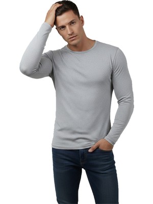 Rizzup Gri Dar Kalıp Likralı %90 Pamuk Erkek Sweatshirt – Vücuda Oturan Ince Penye Sweat 2300423