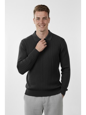 Rizzup Erkek Füme Slim Fit Polo Yaka Triko Kazak - Yumuşak Dokulu Esnek ve Şık Görünüm 2605305