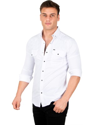 Rizzup Erkek Beyaz Slim Fit Dar Kesim Pamuklu Spor Gömlek Çıtçıtlı Likralı Gabardin Gömlek 2300421