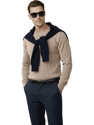 Rizzup Bej Dar Kesim Likralı Erkek Triko Kazak – Bisiklet Yaka Şık Tasarım 2605433