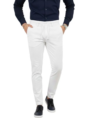 Rizzup Erkek Beyaz Likralı Beli Lastikli & Ipli Dar Kesim Şık Kumaş Pantolon 2600572