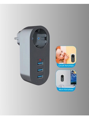 Renklime 2500W Güç Destekli Akım Korumalı Priz – 3 USB Çıkışlı