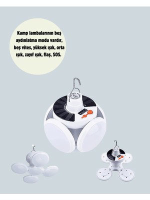 Renklime Güneş Paneliyle Şarj Olan Katlanabilir LED Çadır Lambası – 5 Kademeli Aydınlatma