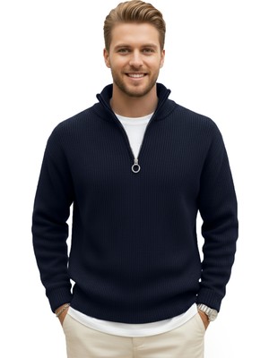 Rizzup Erkek Lacivert Yarım Fermuarlı Oversize Kesim Triko Kazak – Yumuşak Dokulu Örgü Kazak 2608511