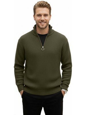 Rizzup Erkek Haki Yarım Fermuarlı Oversize Kesim Triko Kazak – Yumuşak Dokulu Örgü Kazak 2608511