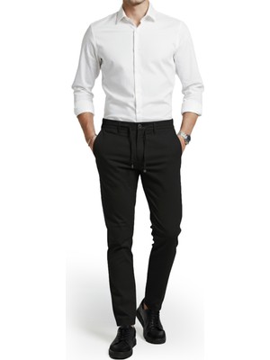 Rizzup Erkek Siyah Likralı Gofre Kumaş Beli Lastikli Ipli Slim Fit Günlük Pantolon 2600650