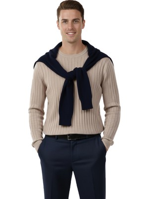 Rizzup Erkek Bej Rahat Kalıp Çizgi Dokulu Triko Kazak – Şık & Modern Tasarım 2605432