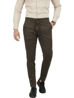 Rizzup Erkek Kahve Likralı Beli Lastikli & Ipli Dar Kesim Şık Kumaş Pantolon 2600572
