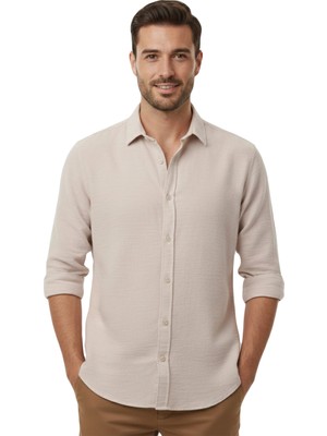 RizzUP Bej Modal Kumaş Likralı Rahat Kalıp Kırışmayan Ütü Gerektirmeyen Erkek Gömlek 2602629