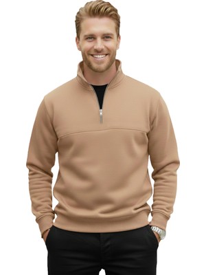 Rizzup Erkek Camel Relax Fit Içi Polarlı %100 Pamuk Yarım Fermuarlı Dik Yaka Sweatshirt 2600760