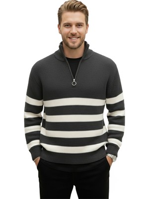 Rizzup Erkek Füme Yarım Fermuarlı Oversize Kesim Triko Kazak Pamuklu Yumuşak Örgü Çizgili Kazak 2608513