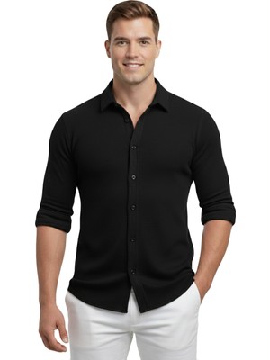 RizzUP Siyah Slim Fit Örme Kumaş Likralı Erkek Gömlek – Nefes Alan Esnek ve Modern Tasarım 2602604