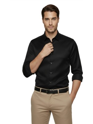 Rizzup Siyah Slim Fit Erkek Gömlek Kolay Ütülenen Nefes Alan Kumaş, Dört Mevsim Şıklık 2608515