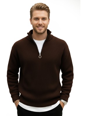 Rizzup Erkek Kahve Yarım Fermuarlı Oversize Kesim Triko Kazak – Yumuşak Dokulu Örgü Kazak 2608511
