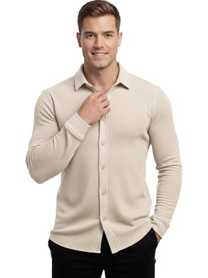 RizzUP Bej Slim Fit Örme Kumaş Likralı Erkek Gömlek – Nefes Alan Esnek ve Modern Tasarım 2602604