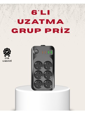 Renklime 6’lı Grup Priz Termal Korumalı USB Type-C Çoklu Priz 2 Metre Kablo