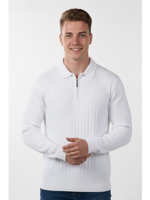 Rizzup Erkek Beyaz Slim Fit Polo Yaka Triko Kazak - Yumuşak Dokulu Esnek ve Şık Görünüm 2605305